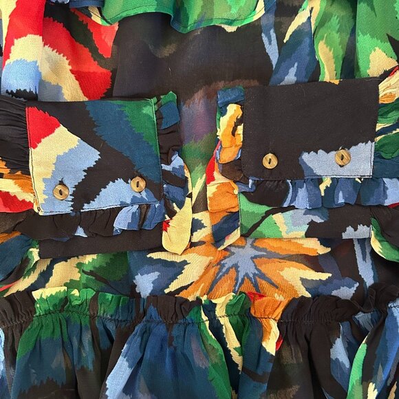 Farm Rio Smocked Ruffle Blouse Black Multi Long Sleeve S - Picture 6 of 13